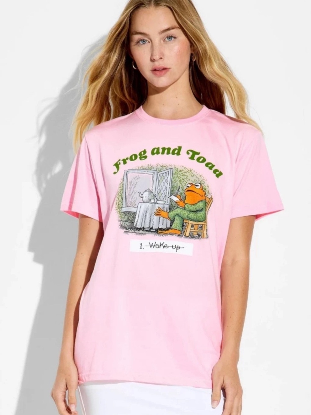 Women's Frog & Toad Wake Up Pink Graphic T-Shirt.  Wear your nostalgia proudly M
